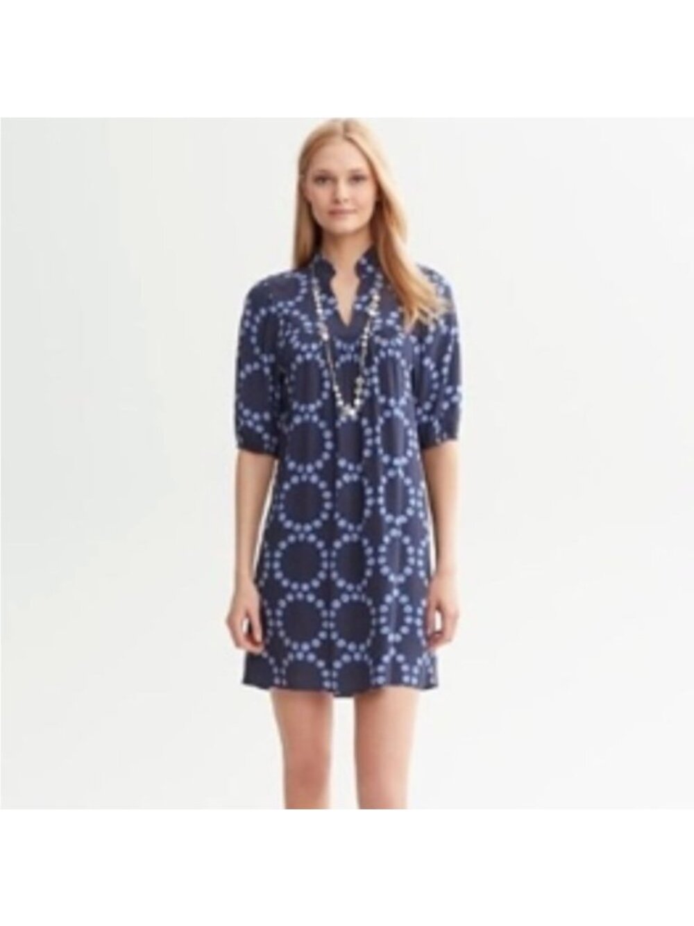 Banana Republic Tunic Dress Navy Blue White Print Elbow Sleeve Size 6 Rayon